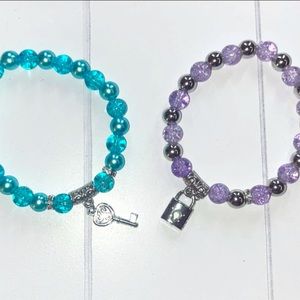 Baby Blue Crystal w key charm & Light Purple Crystal w lock charm Duo Bracelets